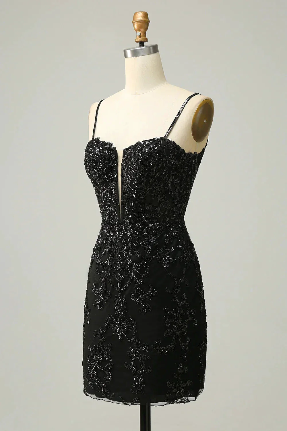 Sequins Spaghetti Straps Black Short Homecoming Dress Y3072 - Image 2