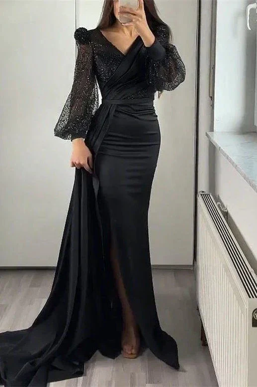 Sequins V-Neck Long Sleeves Mermaid Split Evening Dress With Ruffle Y5554 - Image 2