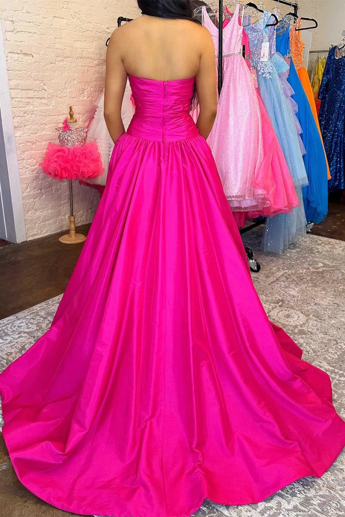 Seraphia | Strapless Fuchsia Beaded A-Line Long Prom Dresss - Image 2