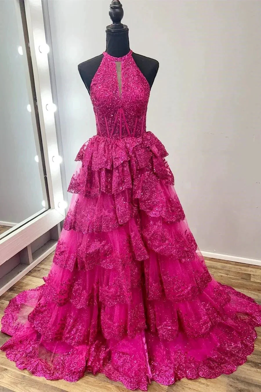 Seraphine | High Neck Sleeveless Empire Lace Tiered Long Formal Dress - Image 5