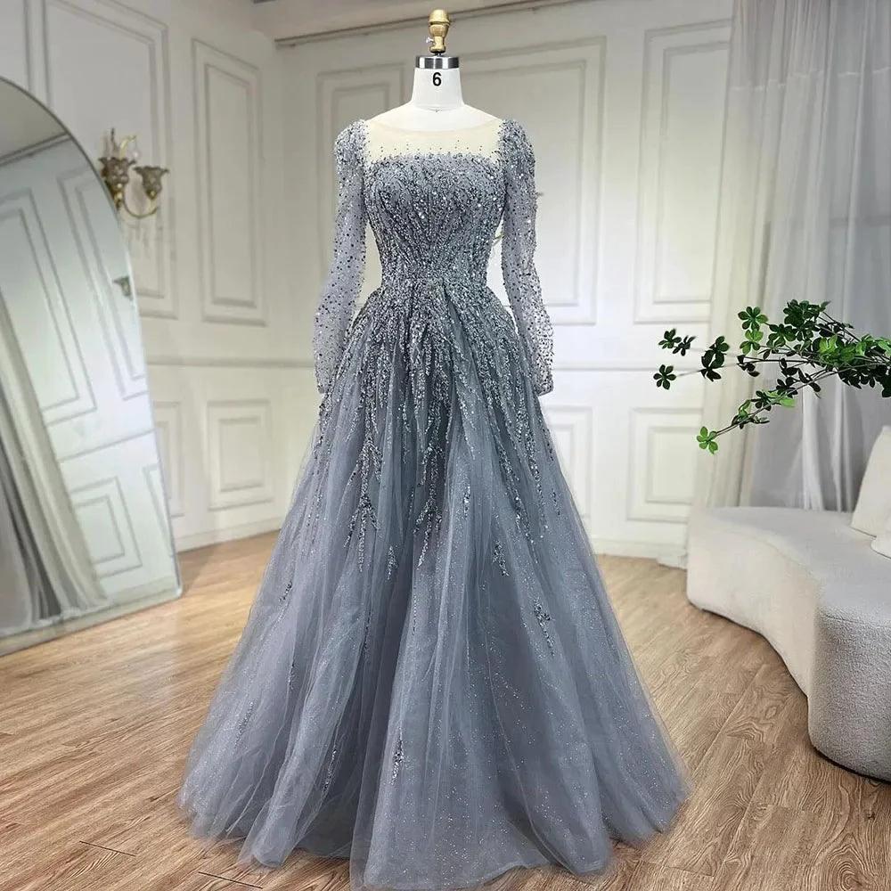 Serene Hill Muslim Pink A Line Beaded Luxury Dubai Long Evening Dresses Gowns   For Woman Wedding Party - Image 2