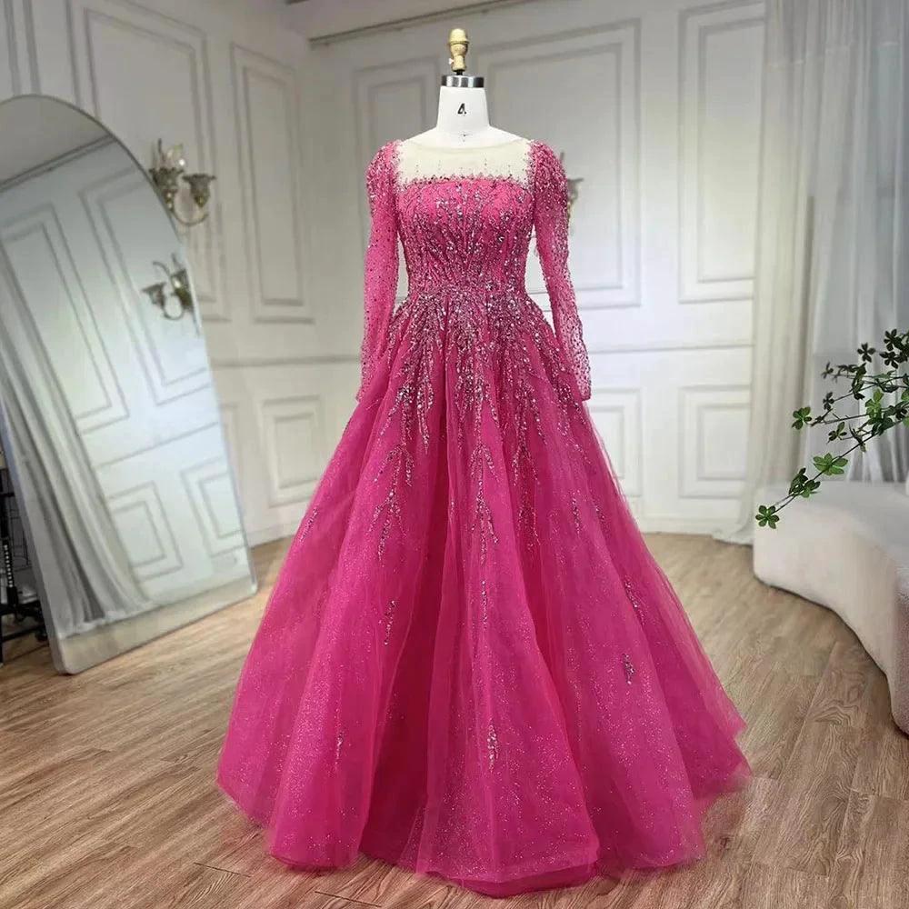 Serene Hill Muslim Pink A Line Beaded Luxury Dubai Long Evening Dresses Gowns   For Woman Wedding Party - Image 9