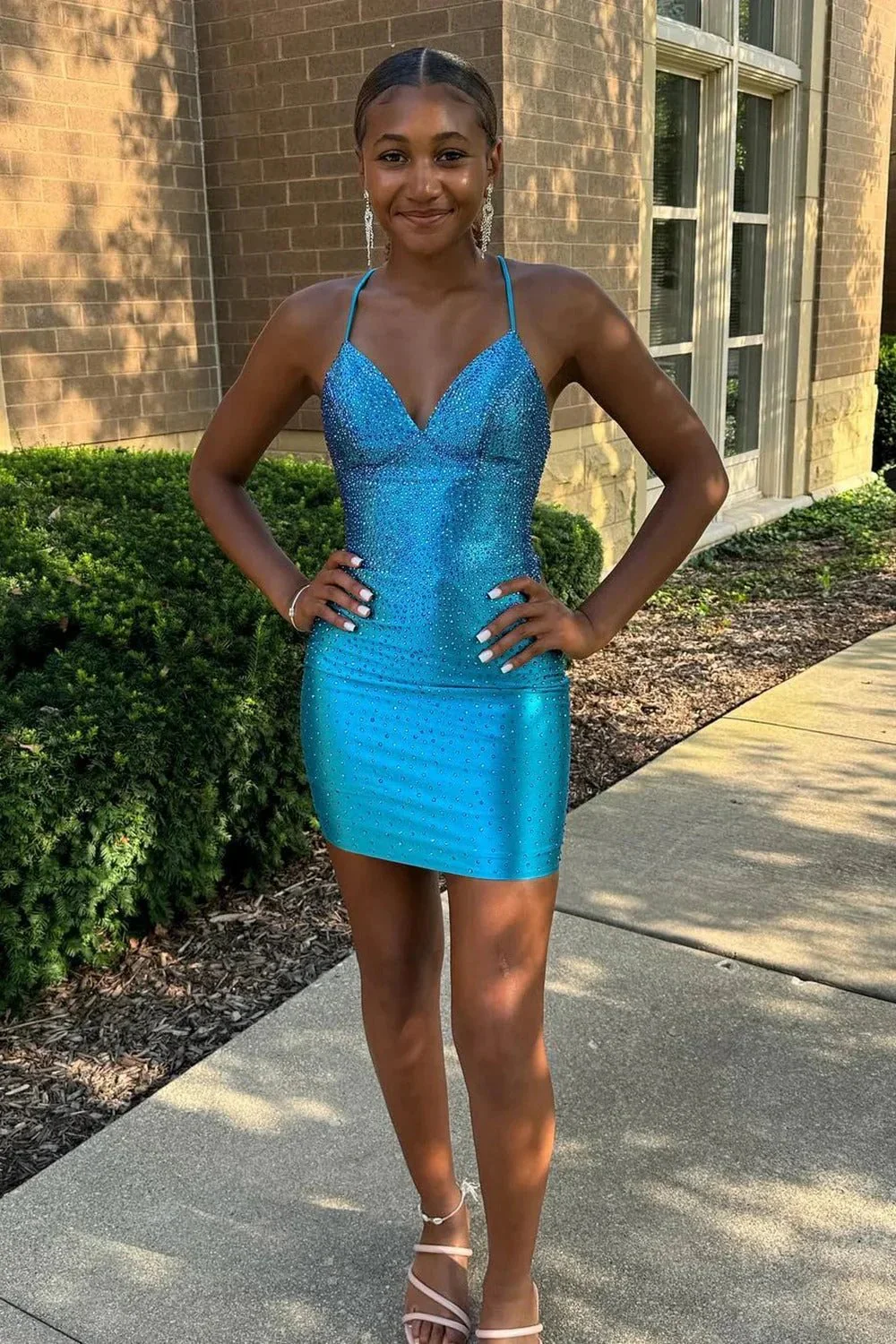 Spaghetti Straps Beaded Lace Up Homecoming Dress - Image 9
