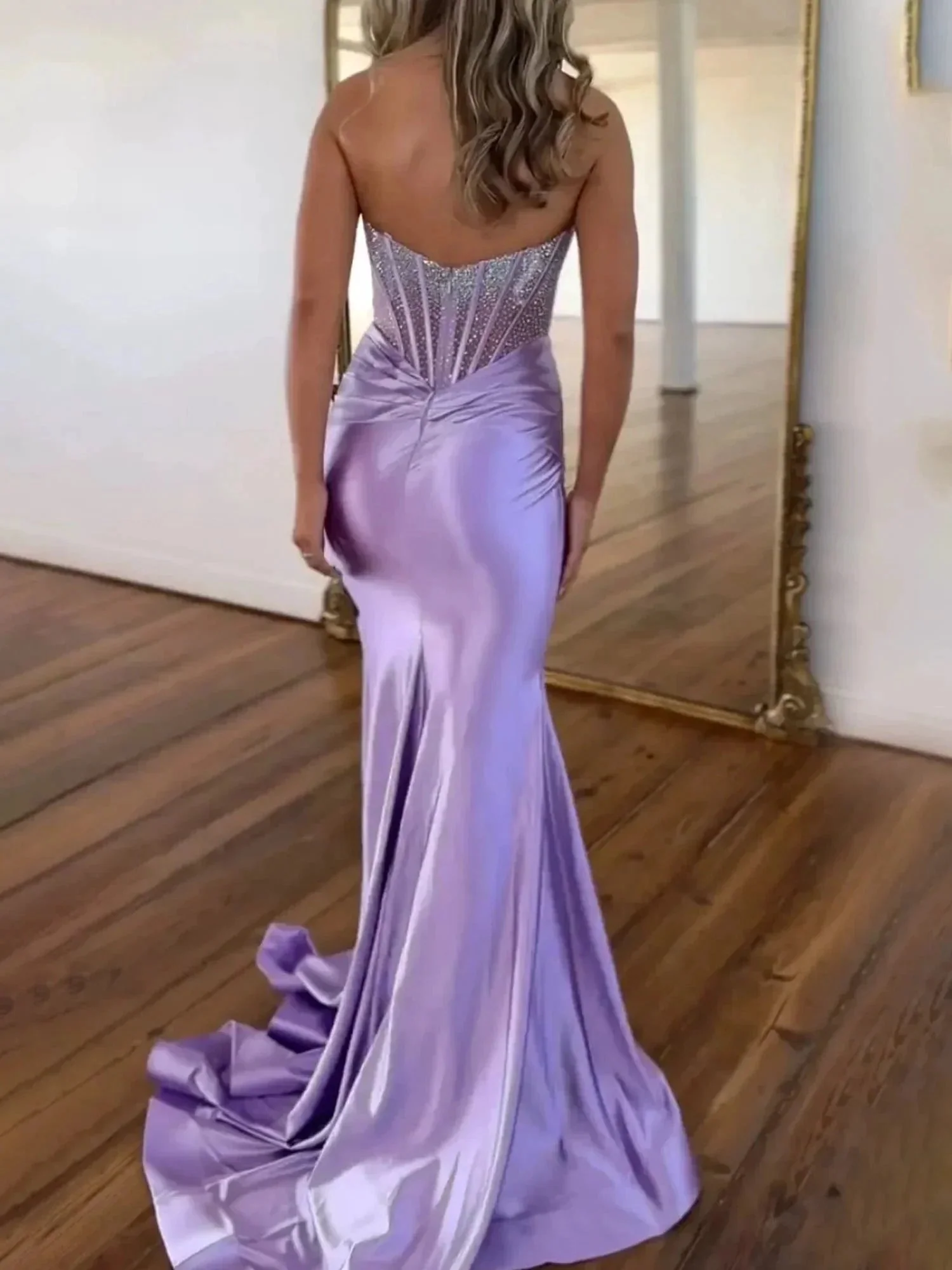 Serin | Purple Strapless Mermaid Satin Long Prom Dress With Beading - Image 2