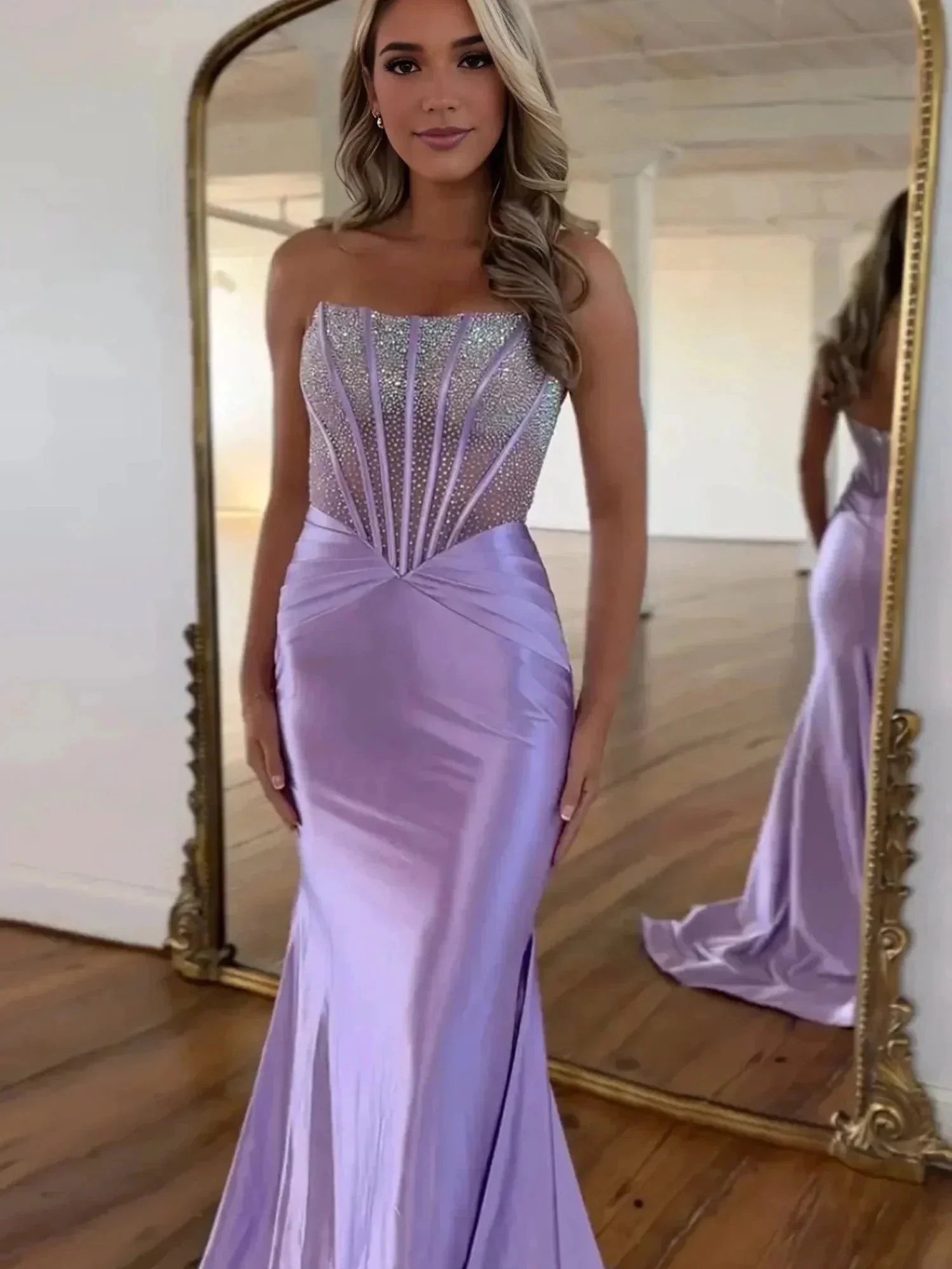 Serin | Purple Strapless Mermaid Satin Long Prom Dress With Beading - Image 3