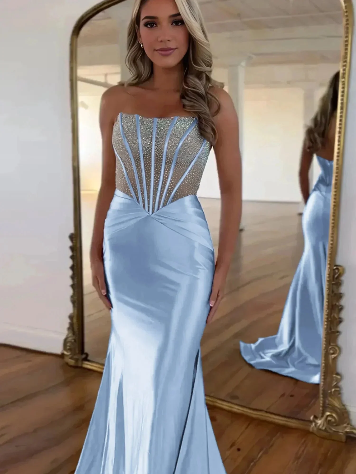 Serin | Purple Strapless Mermaid Satin Long Prom Dress With Beading - Image 4