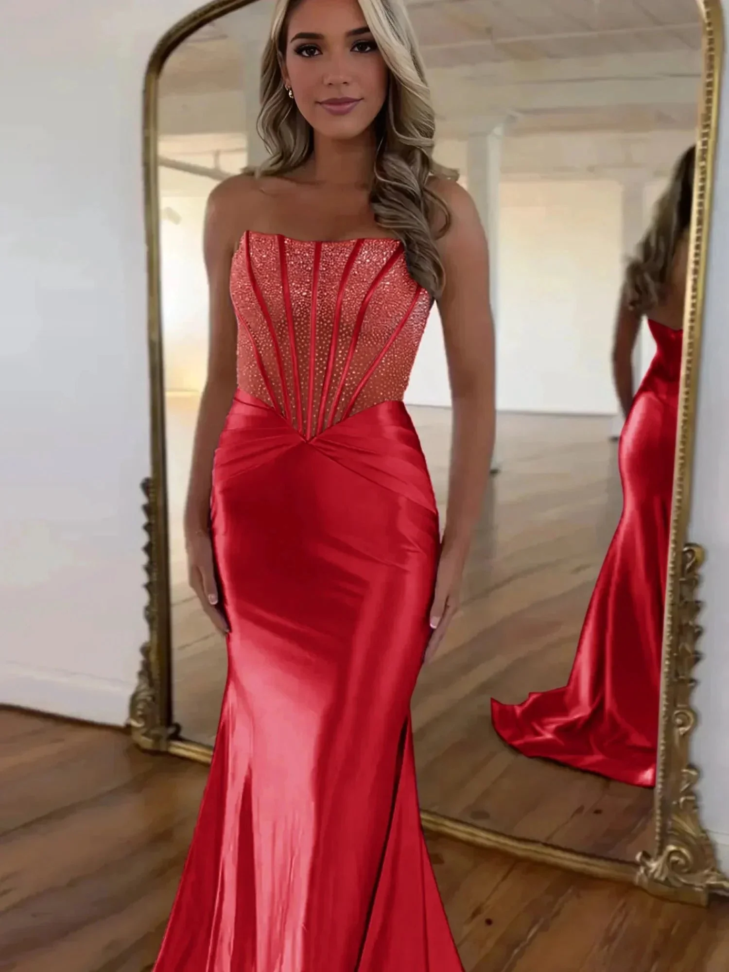 Serin | Purple Strapless Mermaid Satin Long Prom Dress With Beading - Image 5