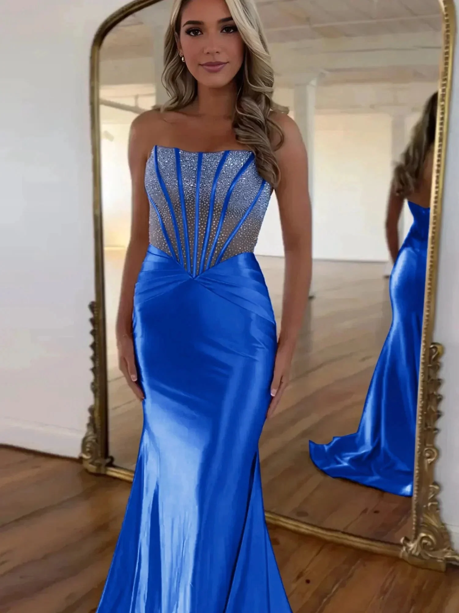 Serin | Purple Strapless Mermaid Satin Long Prom Dress With Beading - Image 6
