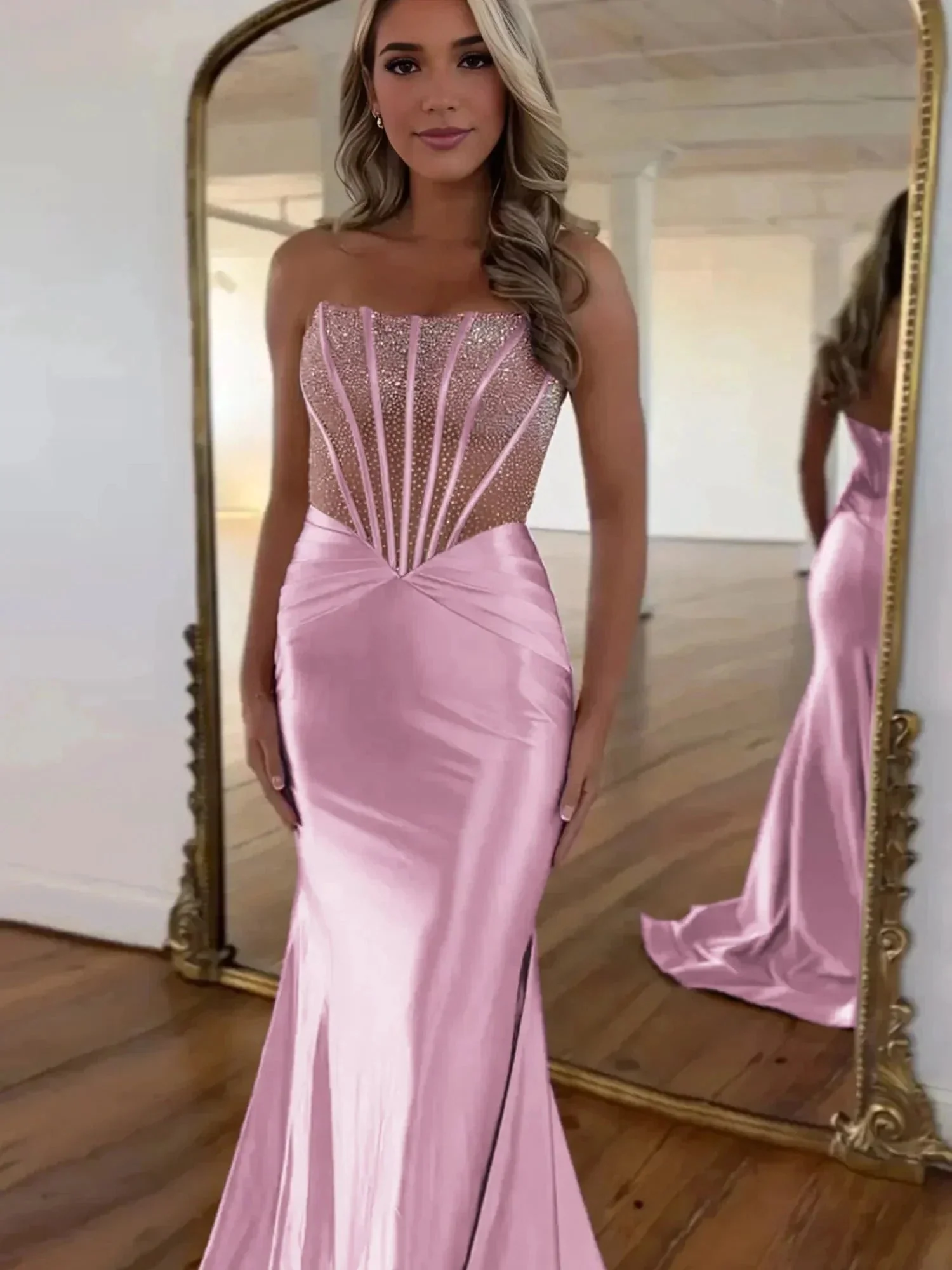 Serin | Purple Strapless Mermaid Satin Long Prom Dress With Beading - Image 7