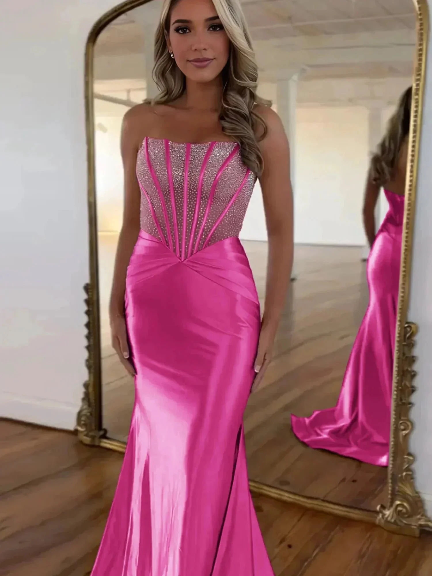 Serin | Purple Strapless Mermaid Satin Long Prom Dress With Beading - Image 8