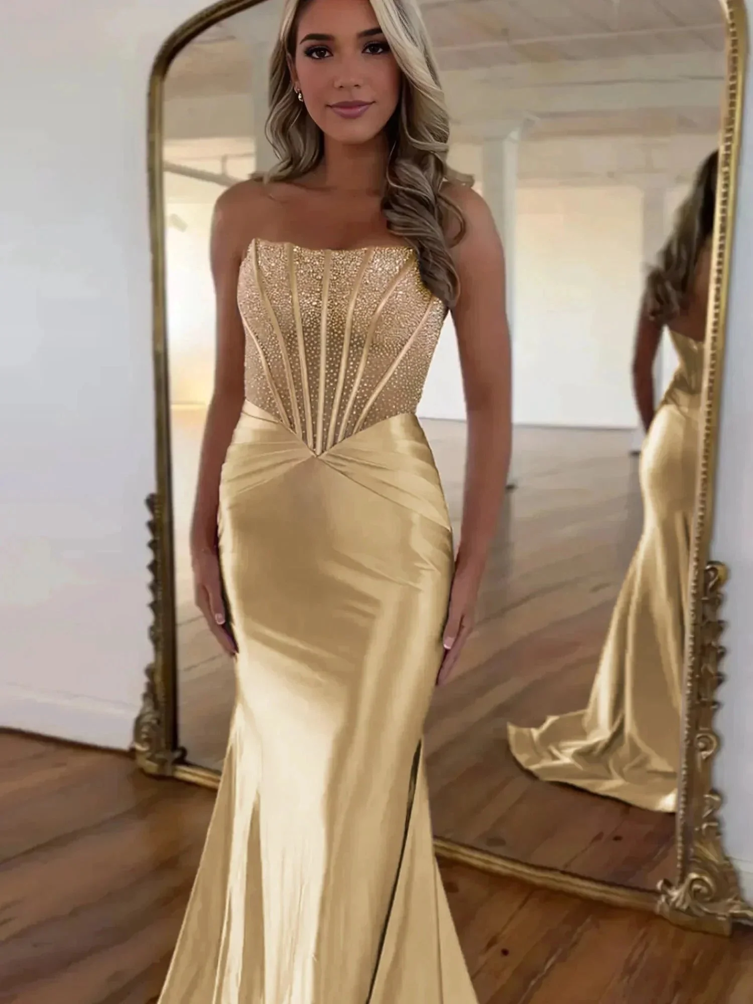 Serin | Purple Strapless Mermaid Satin Long Prom Dress With Beading - Image 9