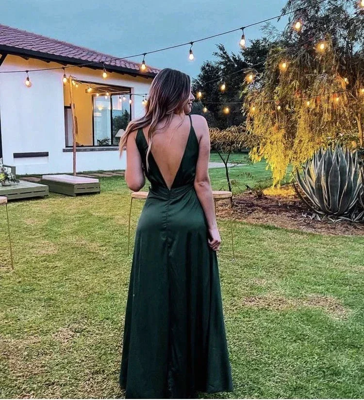 Sexy A Line Deep V Neck Floor Length Evening Dress Green Bridesmaid Dress Y4590 - Image 2