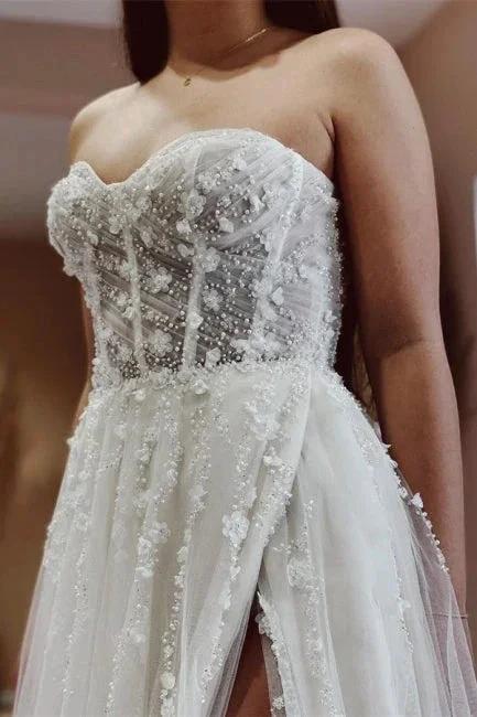 Sexy A-line Long Glitter Lace Sleeveless Wedding Dresses With Slit - Image 3