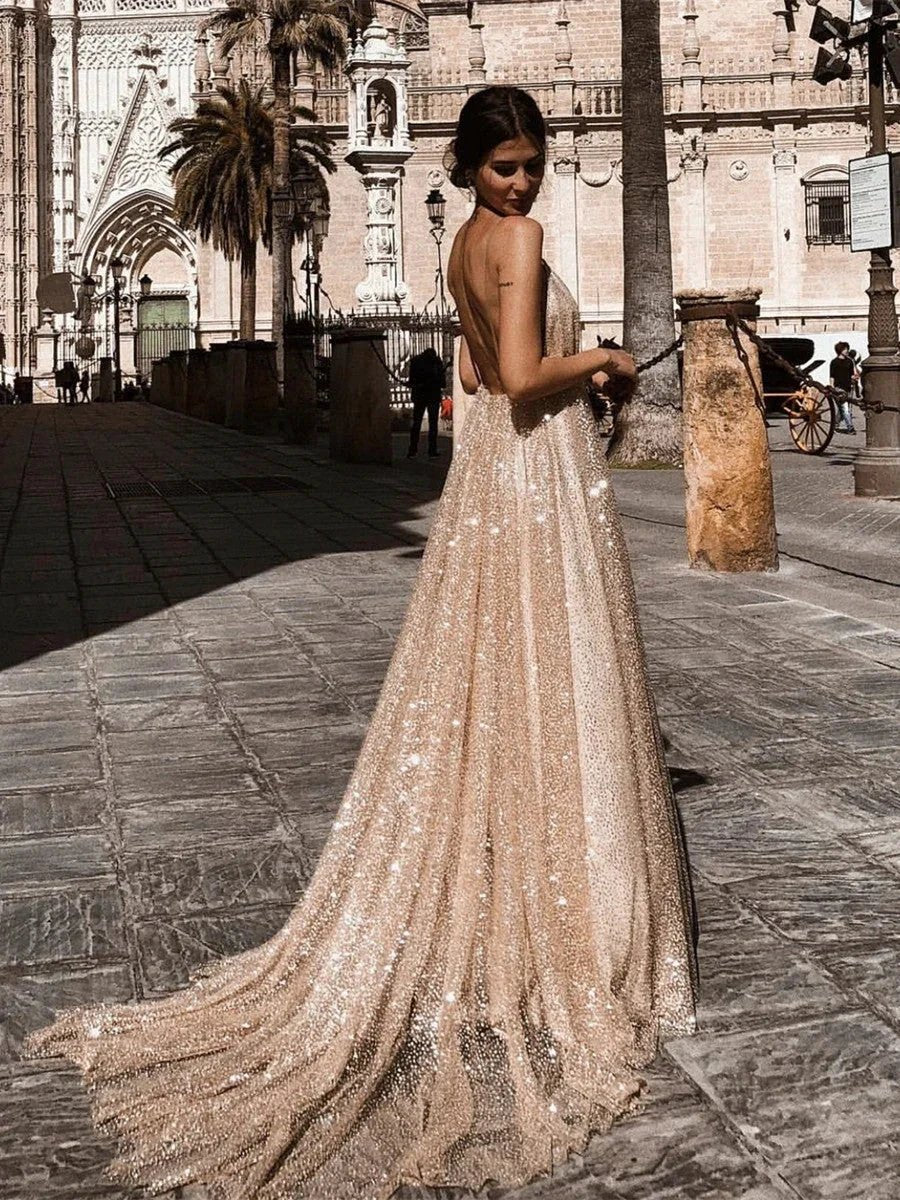 Sexy A Line V Neck Backless Long Sparkling Formal Prom Dresses - Image 2