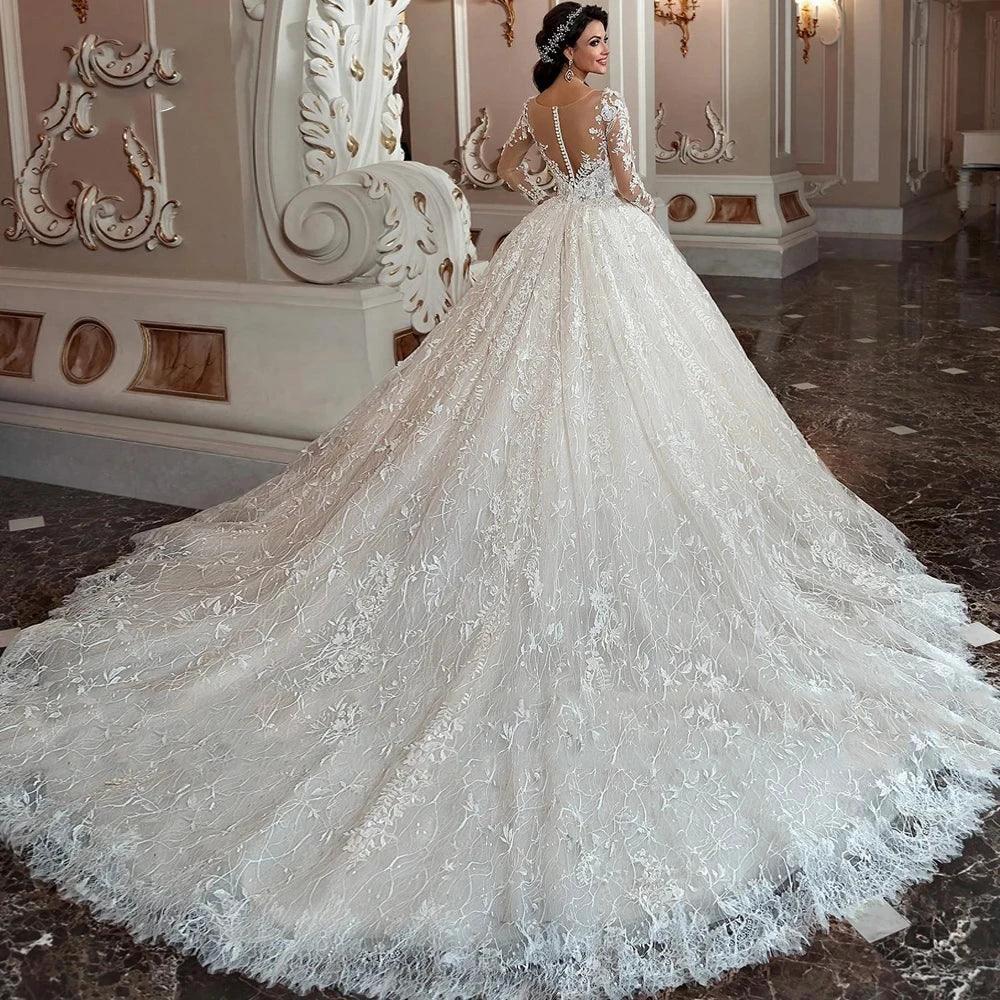 Sexy A-line V-neck Bespoke Wedding Dress 2023 Italian Exquisite Lace White Tulle Long Sleeve Train Button Bride Dress - Image 2
