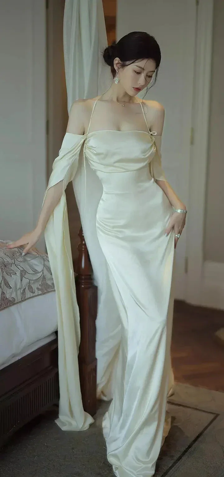 Sexy Backless Long Prom Dress White Satin Long Sleeves Evening Gown Y2080 - Image 5