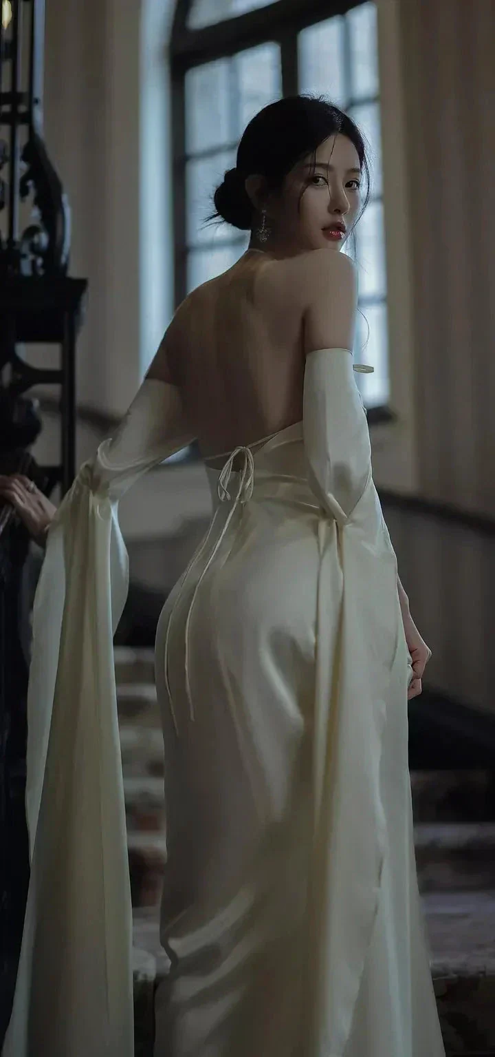 Sexy Backless Long Prom Dress White Satin Long Sleeves Evening Gown Y2080 - Image 7