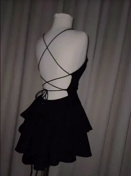 Sexy Backless Short Prom Dress Black Satin Homecoming Dress Y7620 - Image 2