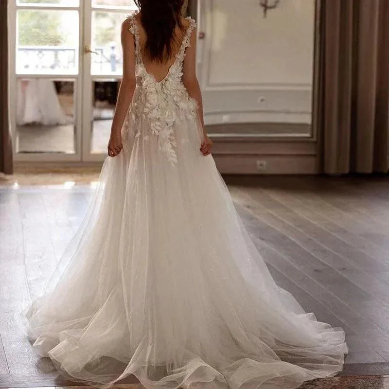 Sexy Backless Wedding Dresses For Woman V Neck Appliques Bridal Gowns Bohemian Princess Customize Tulle Vestidos - Image 2