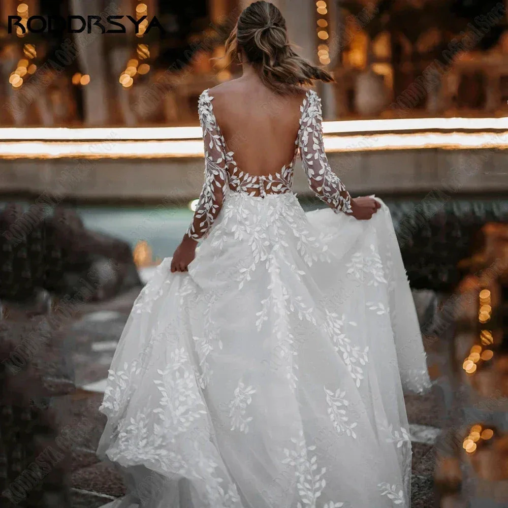 Sexy Backless Wedding Dresses New 2023 Long Sleeves Bride Gowns V-Neck A-Line Lace Applique Tulle vestidos de novia - Image 3