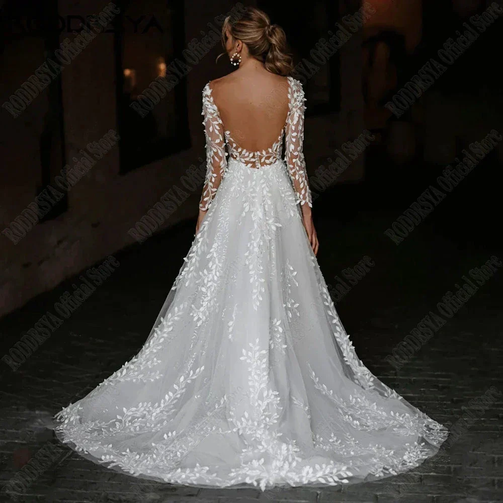 Sexy Backless Wedding Dresses New 2023 Long Sleeves Bride Gowns V-Neck A-Line Lace Applique Tulle vestidos de novia - Image 5