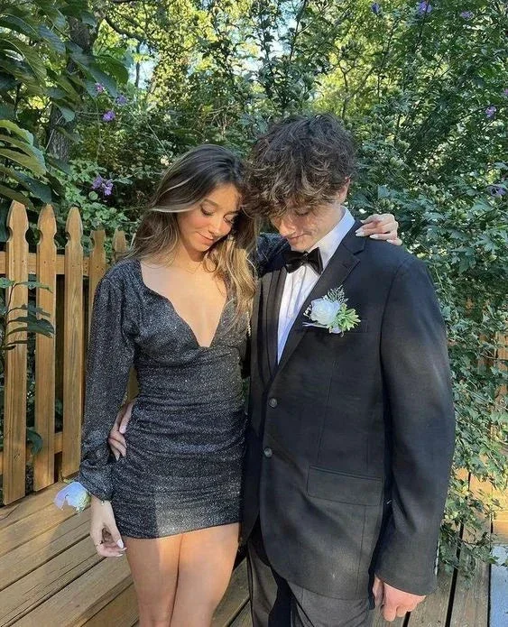 Sexy Black Homecoming Dress with Long Sleeves Black Party Dress Y2144 - Image 2