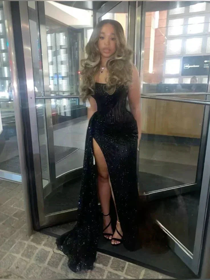 Sexy Black Lace Sequin Slit Mermaid Long Prom Dress Evening Dress Y8055 - Image 4