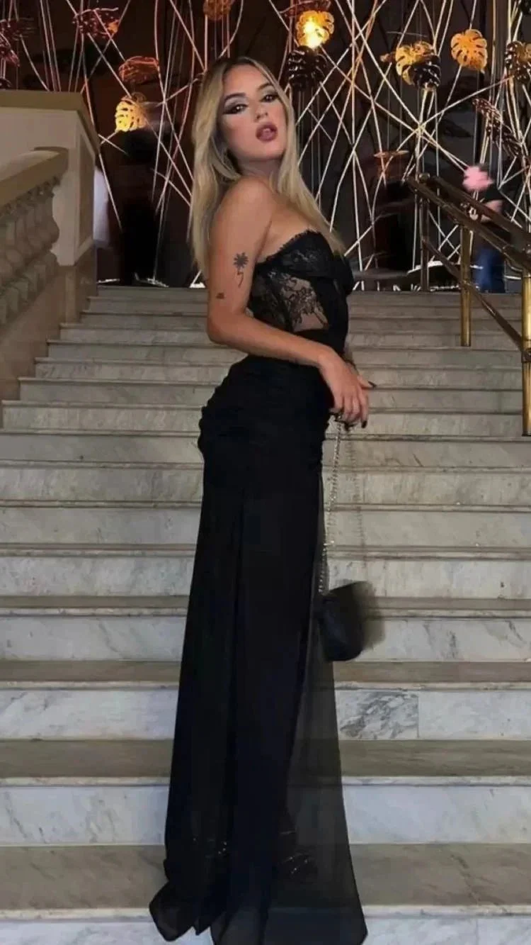 Sexy Black Long Evening Dress Illusion Black Lace Corset Evening Gown Y1047 - Image 2