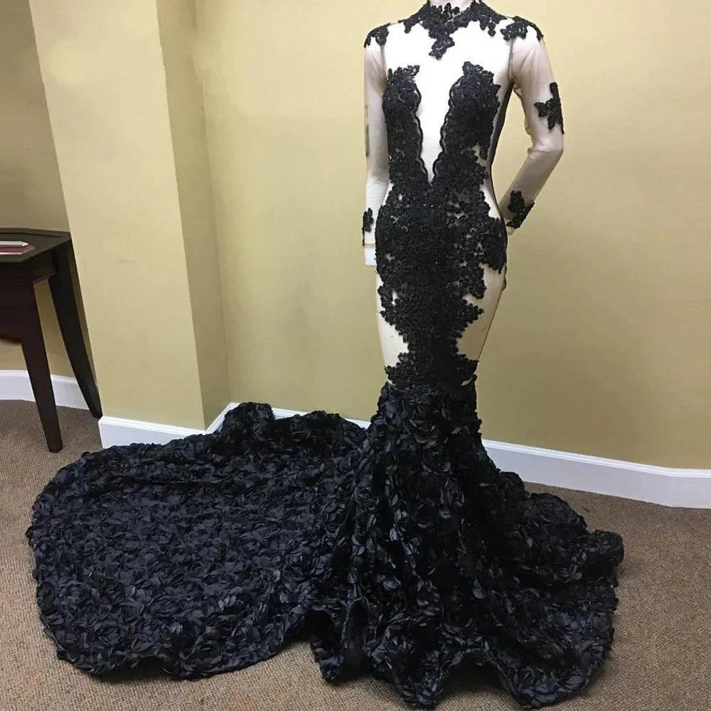 Sexy Black Long Sleeve Prom Dress Lace Evening Gown With Flowers Bottom - Image 2