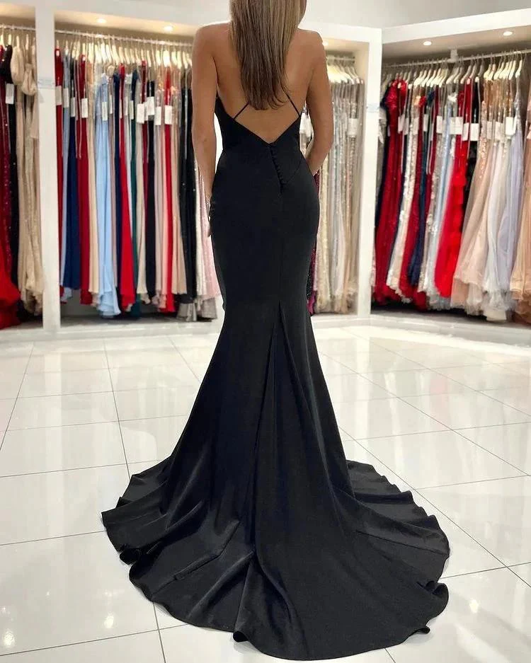 Sexy Black Mermaid V-neck Backless Long Prom Dress - Image 2