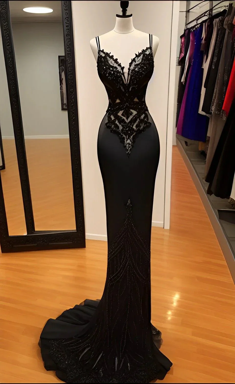 Sexy Black Spaghetti Straps Evening Dress Black Formal Dress Y4390 - Image 2