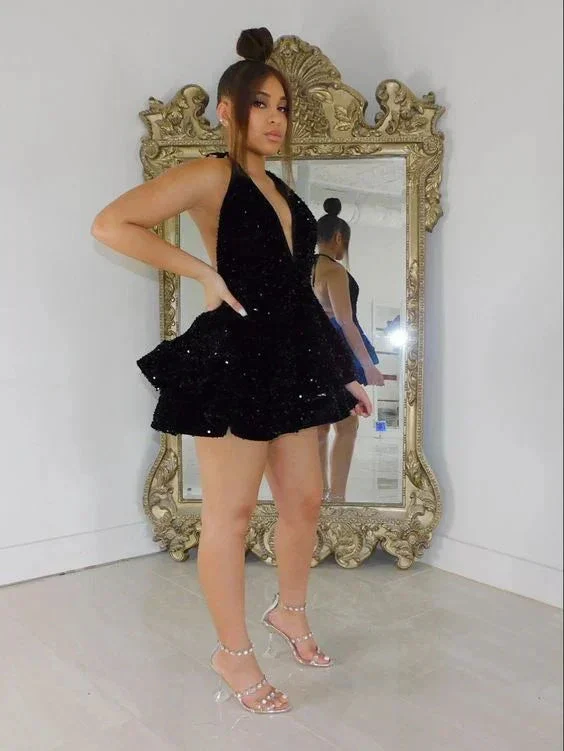 Sexy Black Sparkling Short Homecoming Dresses Back Open Tiered Sequin Graduation Gown Parties Night Y4111 - Image 2