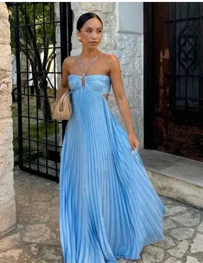 Sexy Blue Halter Spaghetti Strap A-line Long Prom Dress Backless Evening Dress Y8090 - Image 2