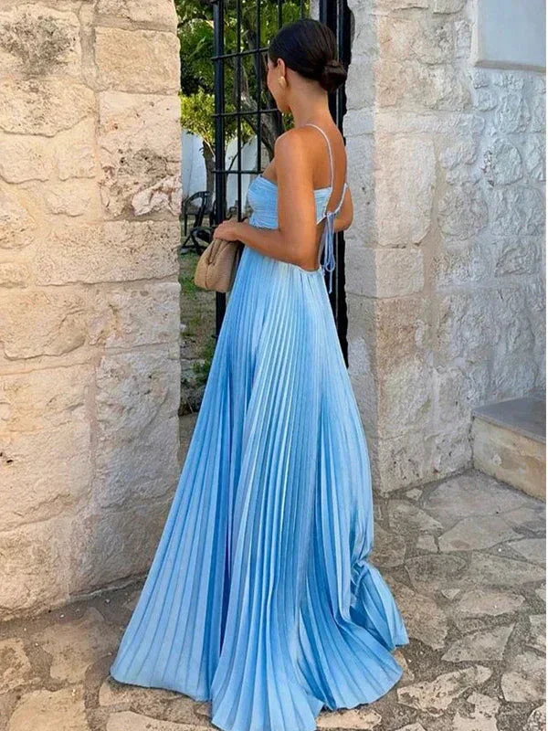 Sexy Blue Halter Spaghetti Strap A-line Long Prom Dress Backless Evening Dress Y8090 - Image 4