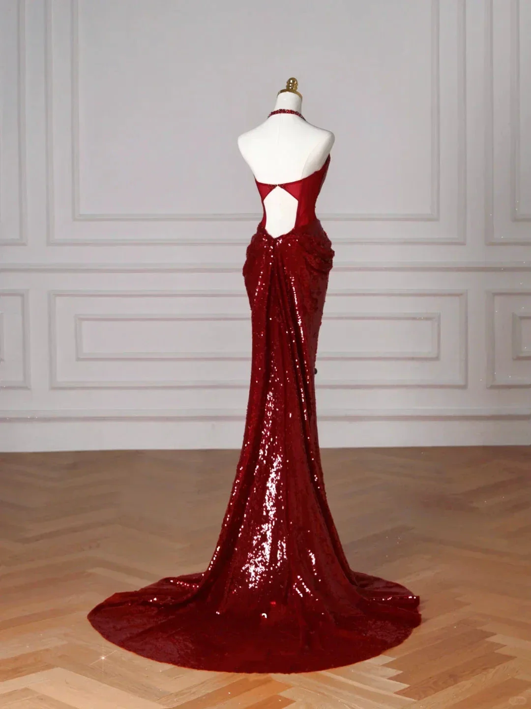 Sexy Burgundy Sequins Halter V Neck Evening Dress Backless Mermaid Evening Dress Y8628 - Image 4