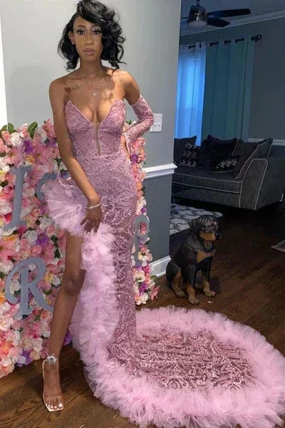 Sexy Dark Pink Tulle Prom Dresses|Sweetheart Deep Split Evening Dress Y1739 - Image 3