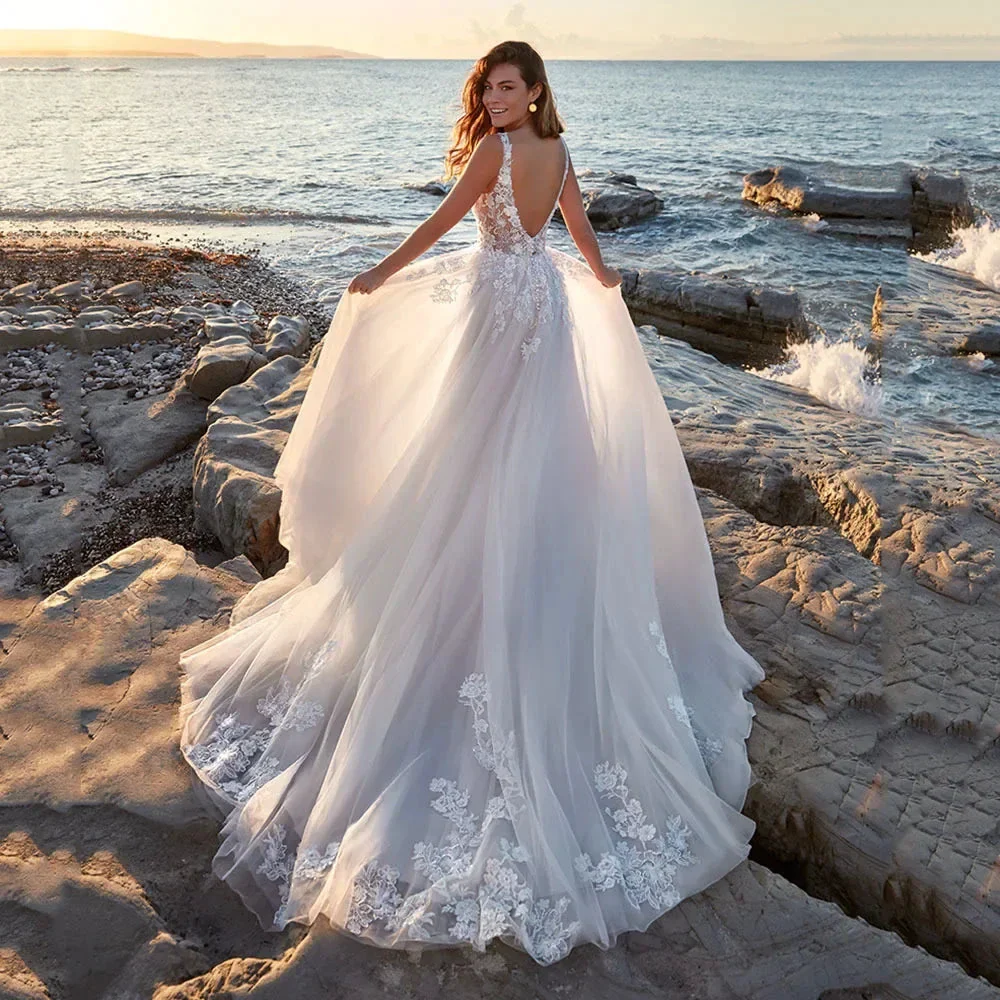 Sexy Deep V-neck A Line Vestidos De Novia Appliques Vestido De Noiva Backless Wedding Dresses Lace Robe De Mariée - Image 2
