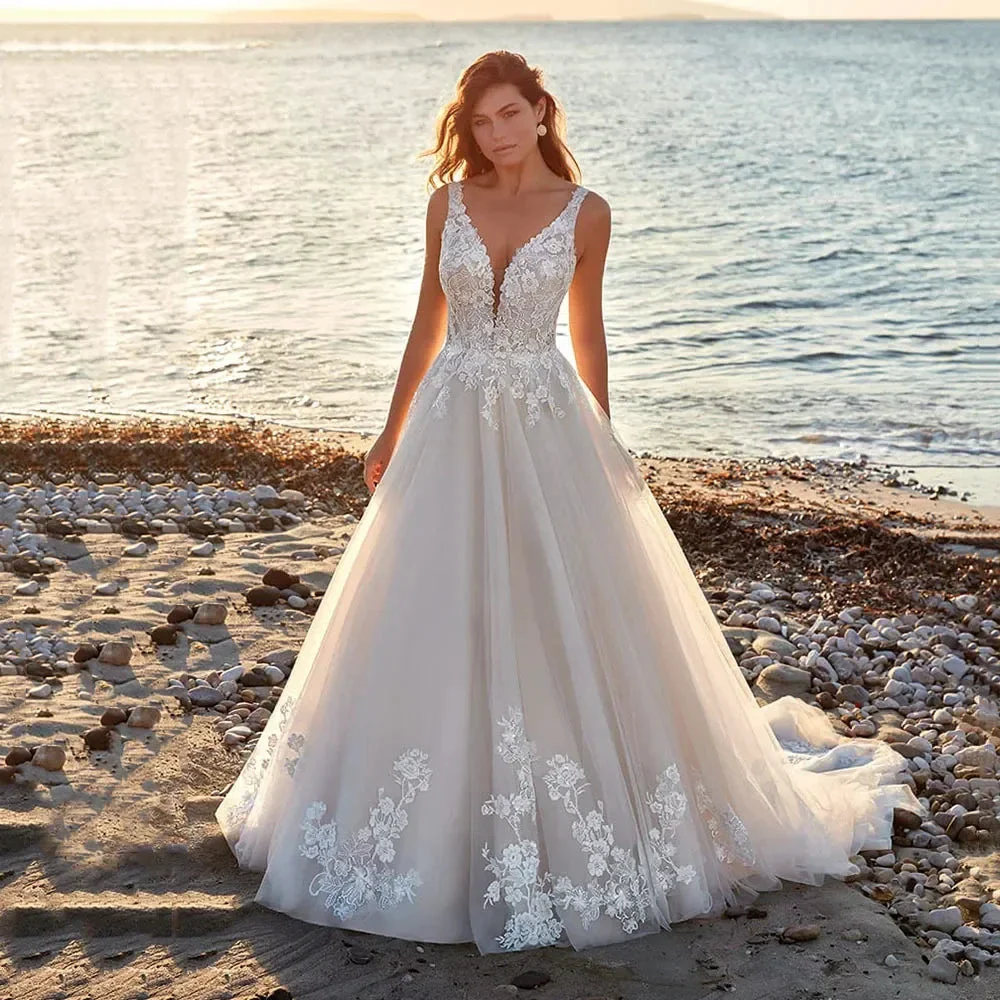 Sexy Deep V-neck A Line Vestidos De Novia Appliques Vestido De Noiva Backless Wedding Dresses Lace Robe De Mariée - Image 3