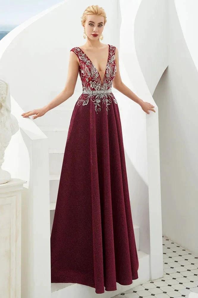 Sexy Deep V-Neck aline Evening Dress Sleeveless Crystals Floor Length Prom Dress quincenera Dress - Image 10