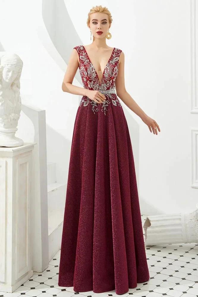 Sexy Deep V-Neck aline Evening Dress Sleeveless Crystals Floor Length Prom Dress quincenera Dress - Image 3