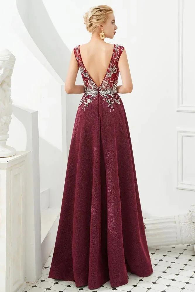 Sexy Deep V-Neck aline Evening Dress Sleeveless Crystals Floor Length Prom Dress quincenera Dress - Image 4