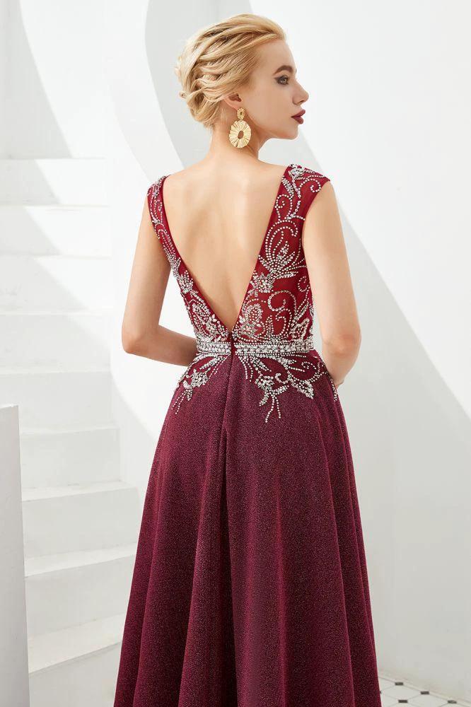 Sexy Deep V-Neck aline Evening Dress Sleeveless Crystals Floor Length Prom Dress quincenera Dress - Image 5