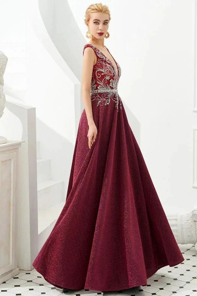Sexy Deep V-Neck aline Evening Dress Sleeveless Crystals Floor Length Prom Dress quincenera Dress - Image 6