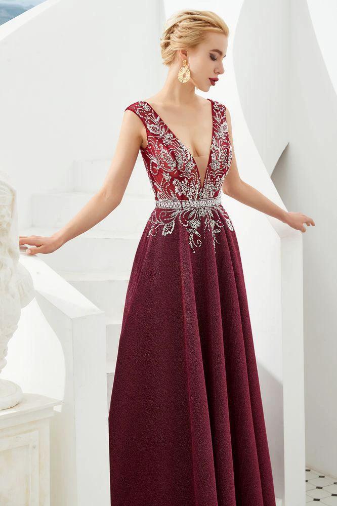 Sexy Deep V-Neck aline Evening Dress Sleeveless Crystals Floor Length Prom Dress quincenera Dress - Image 7