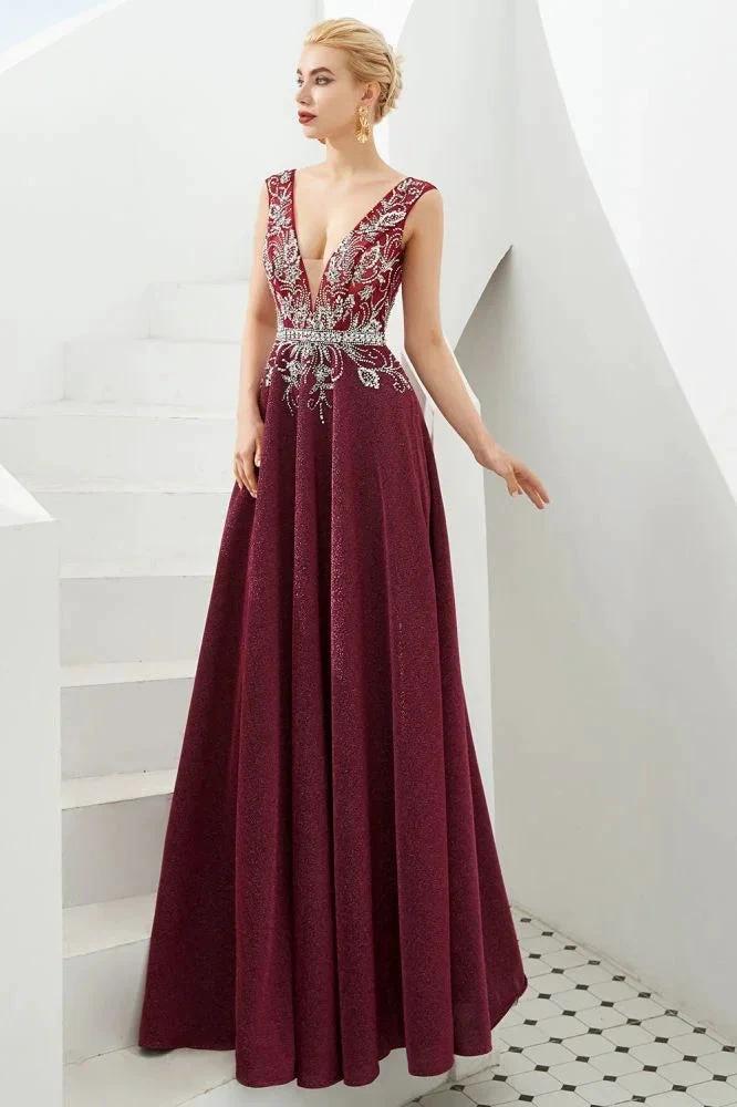 Sexy Deep V-Neck aline Evening Dress Sleeveless Crystals Floor Length Prom Dress quincenera Dress - Image 8
