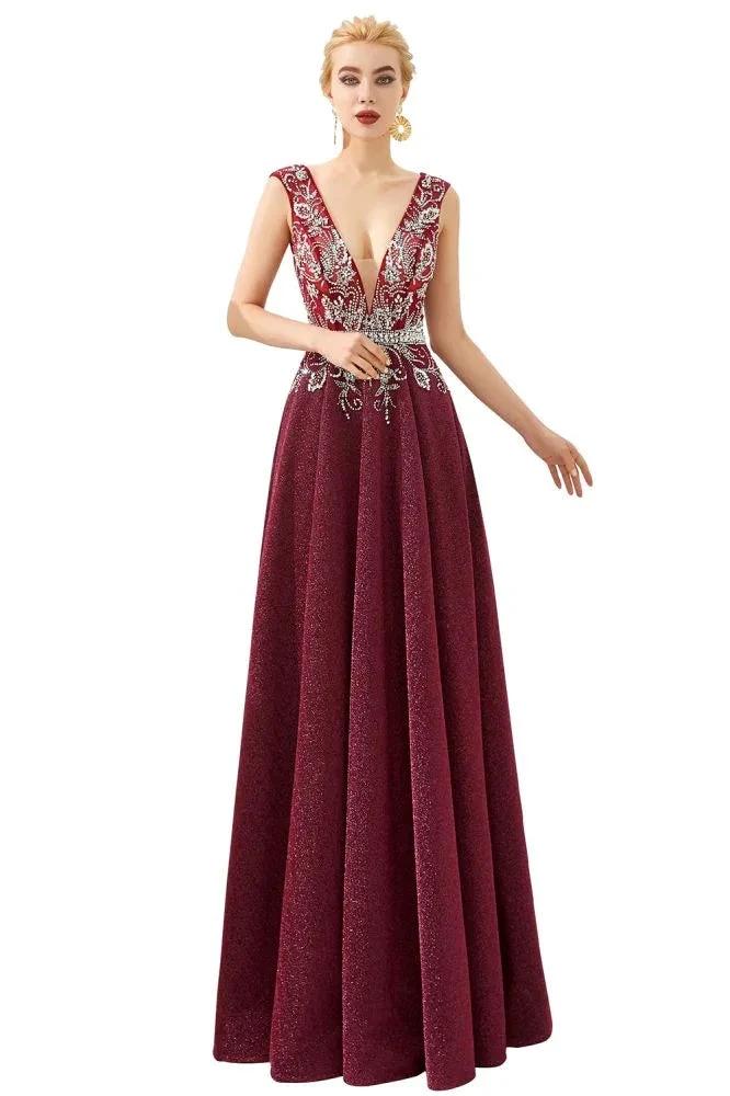 Sexy Deep V-Neck aline Evening Dress Sleeveless Crystals Floor Length Prom Dress quincenera Dress - Image 9