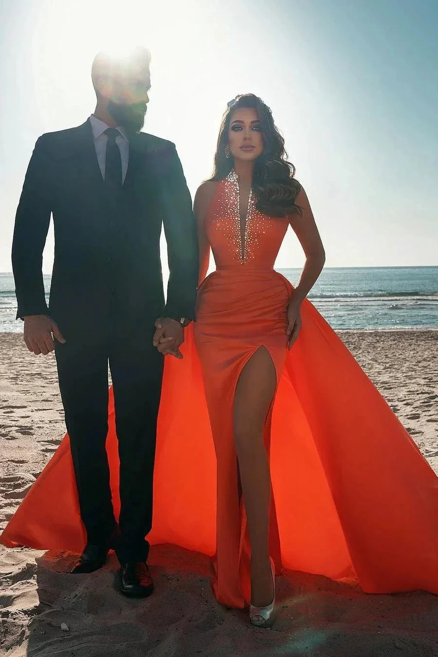Sexy Deep V-Neck Crystals Satin Mermaid Prom Dress with Sweep Train Side Slit - Image 4