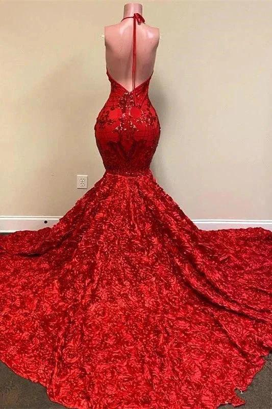 Sexy Deep V Neck Open Back Red Halter Spaghetti Straps Sequin Mermaid Prom Dress - Image 2