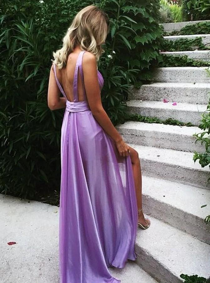 Sexy Deep V Neck Silk Satin Prom Dress A Line Backless Pleated Evening Dress Y1503 - Image 2