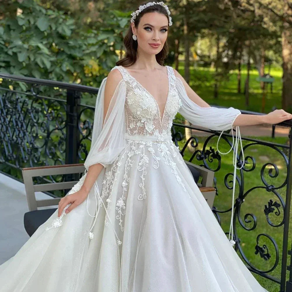 Sexy Deep V Neck Wedding Dress A-Line 3/4 Sleeve Open Back Tulle Lace Appliquéd Boho Bridal Gown Vestidos Custom - Image 2